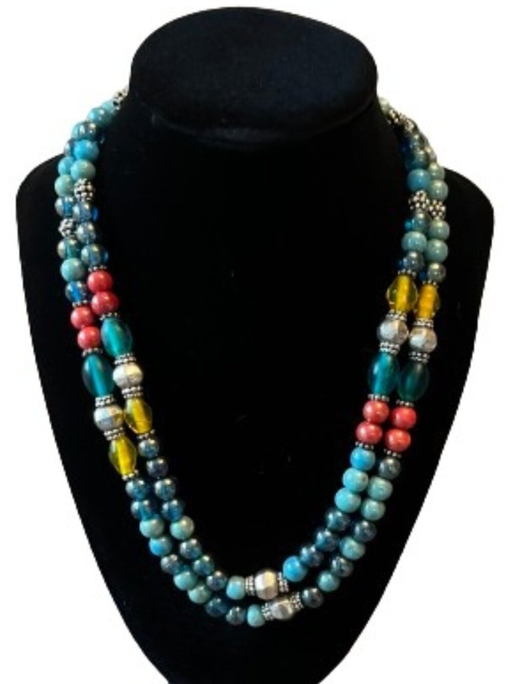 Artisan Italian Glass Beaded Necklace Double Strand Statement Sterling Silver